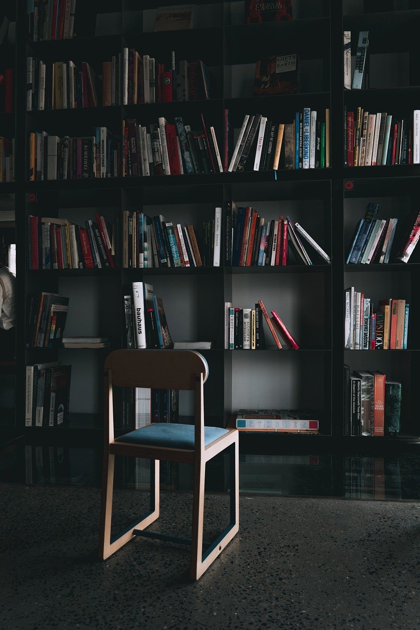 chair, shelves, books